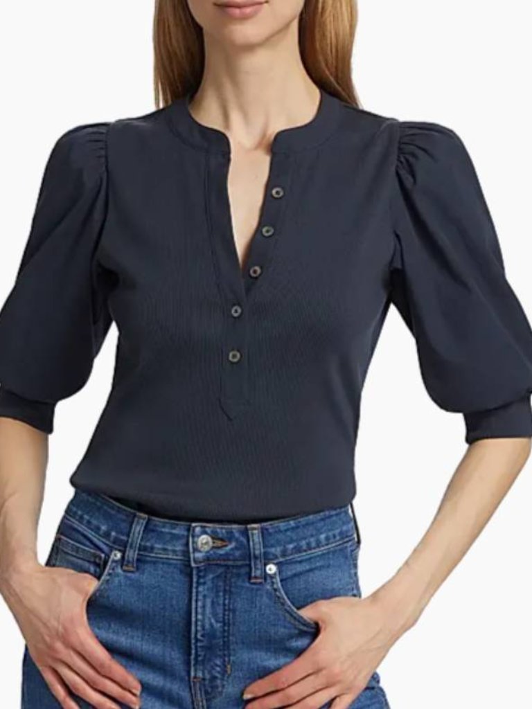Veronica Beard Coralee Puff-Sleeve Top Black Size L